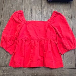 Red Ruffled Peplum Puff Sleeve Blouse